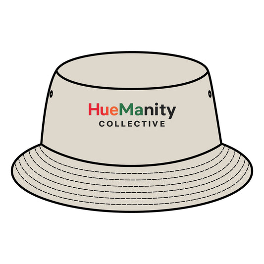 Beige bucket hat with 'HueManity Collective' logo on a white background