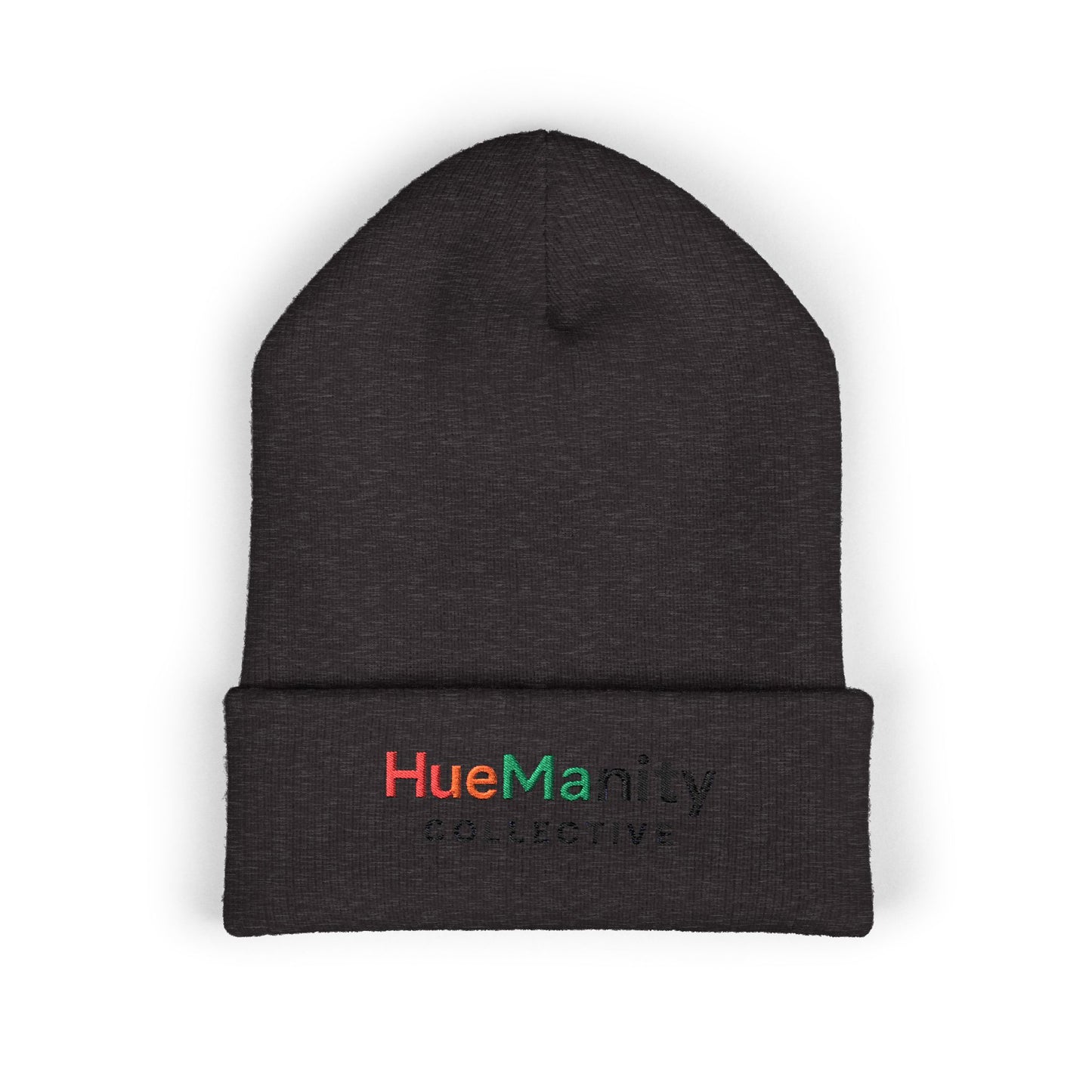 Dark gray beanie with 'HueManity Collective' logo on a white background