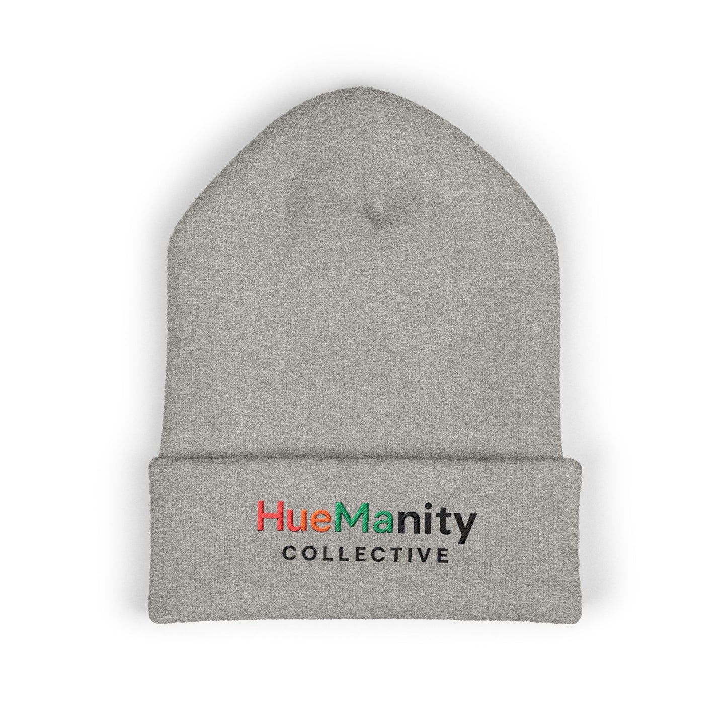 Gray beanie with 'HueManity Collective' logo on a white background