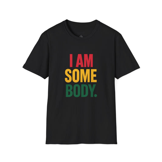 Black t-shirt with colorful text 'I AM SOME BODY.' on a white background
