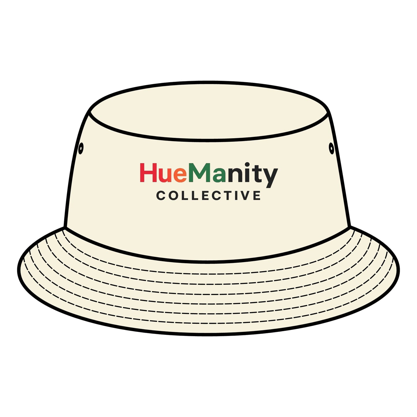 Beige bucket hat with 'HueManity Collective' logo on a white background