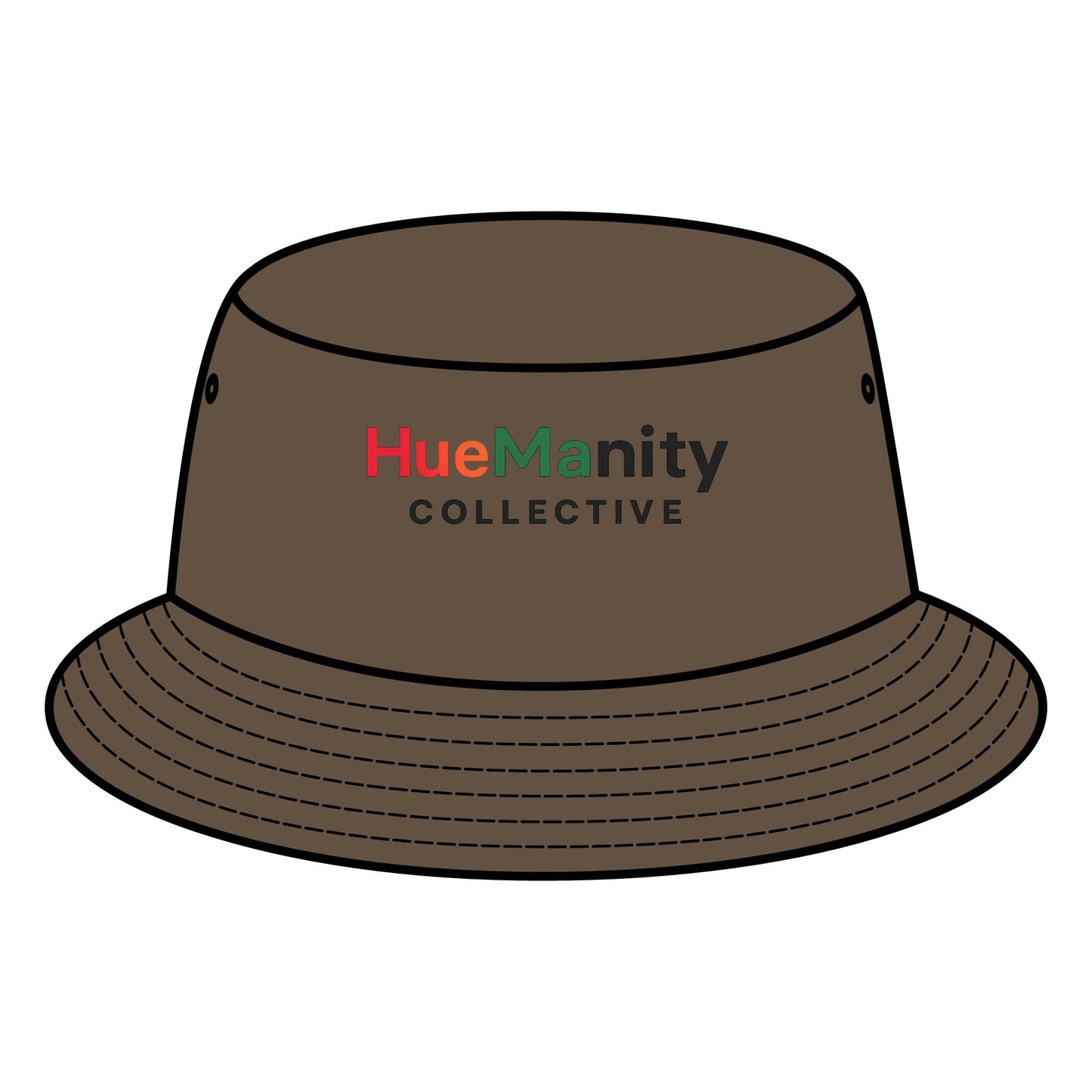 Brown bucket hat with 'HueManity Collective' logo on a white background