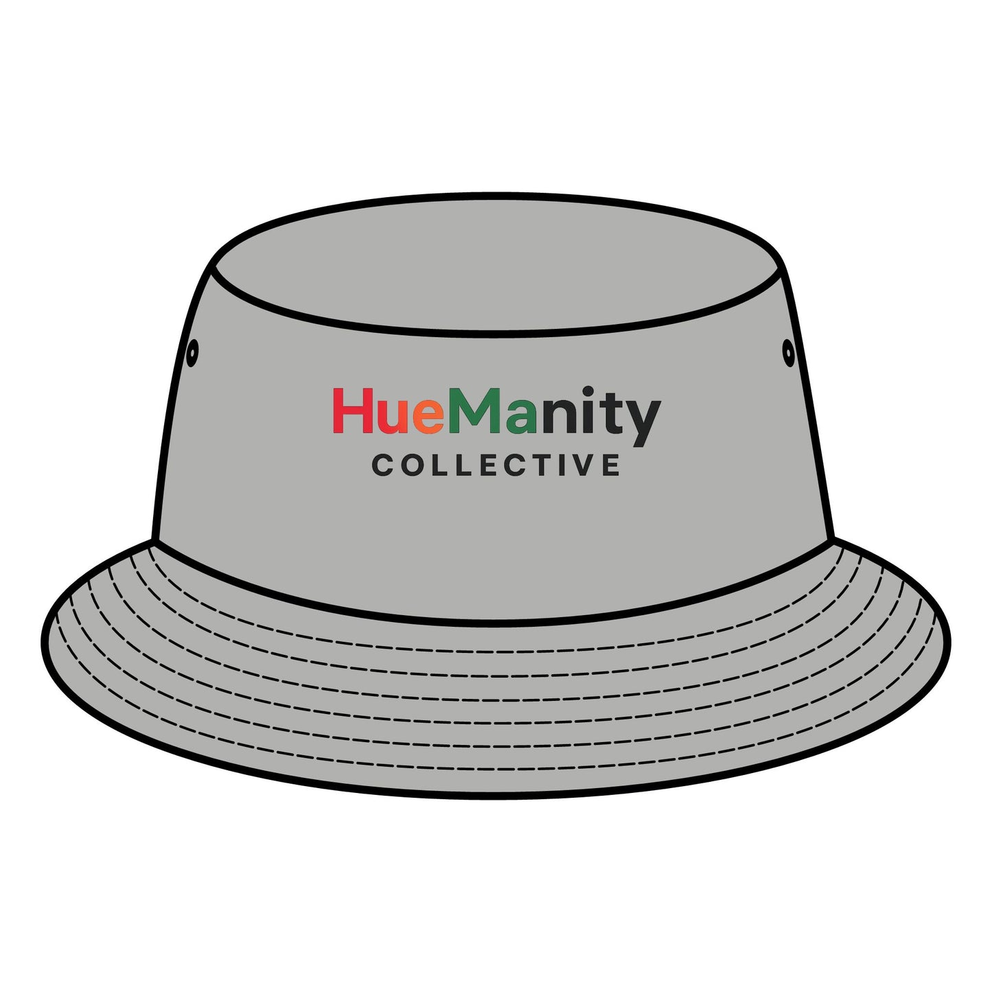 Gray bucket hat with 'HueManity Collective' logo on a white background