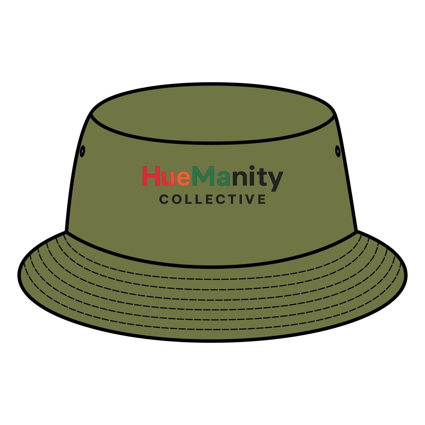 Green bucket hat with 'HueManity Collective' logo on a white background