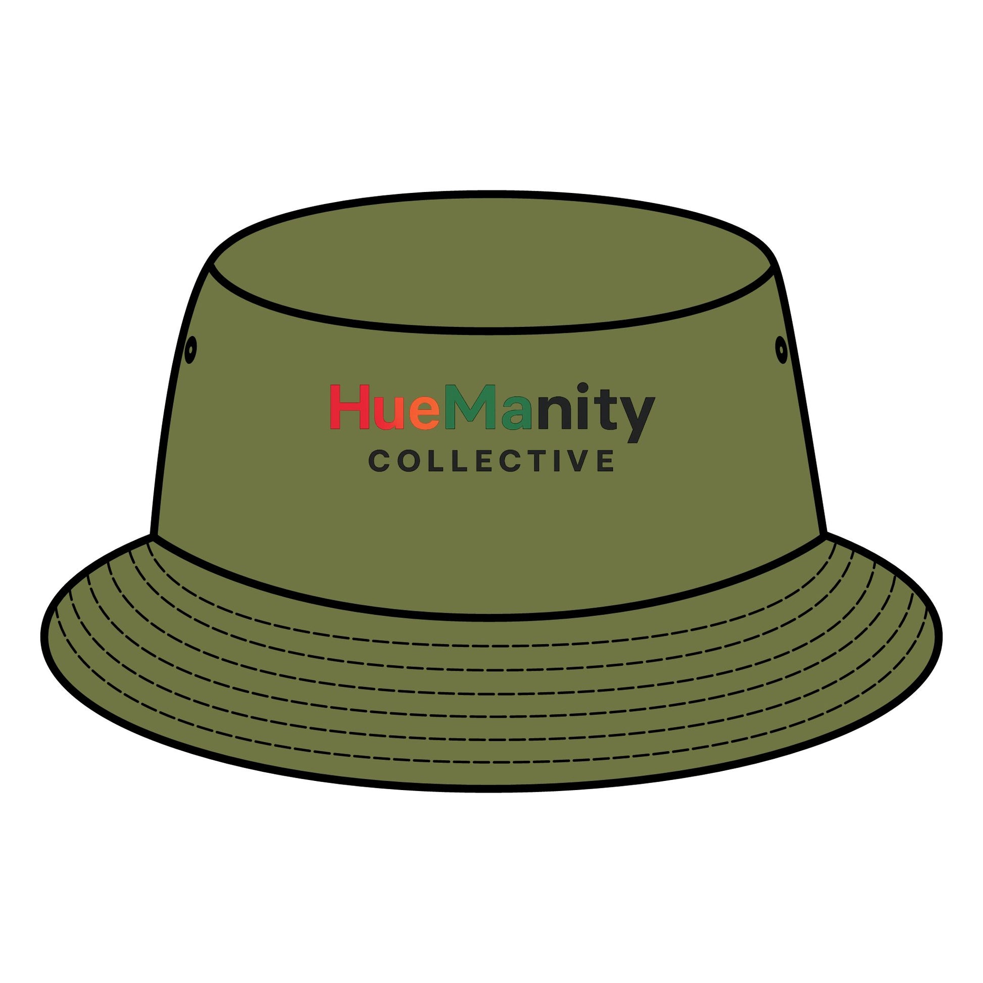 Green bucket hat with 'HueManity Collective' logo on a white background