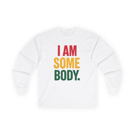 White sweatshirt with 'I AM SOME BODY.' text in colorful letters on a white background