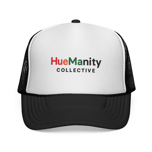 Trucker hat with 'HueManity Collective' logo on a white background